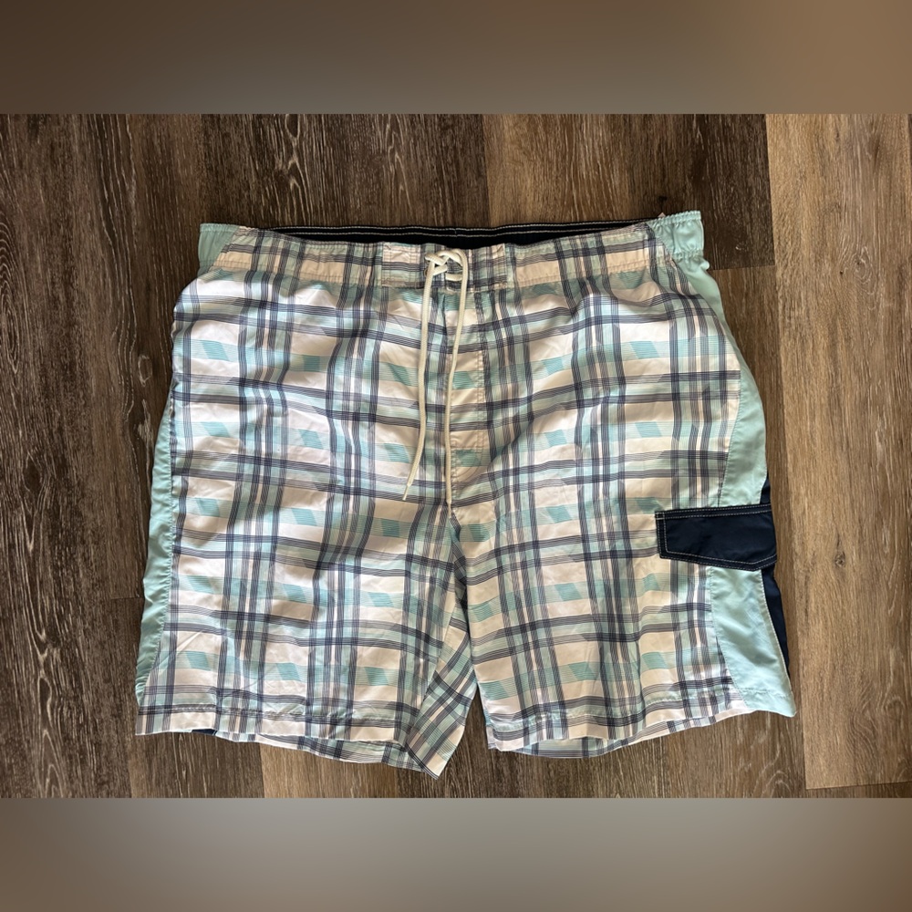 Sonoma Men’s White and Blue Plaid Swim Trunks